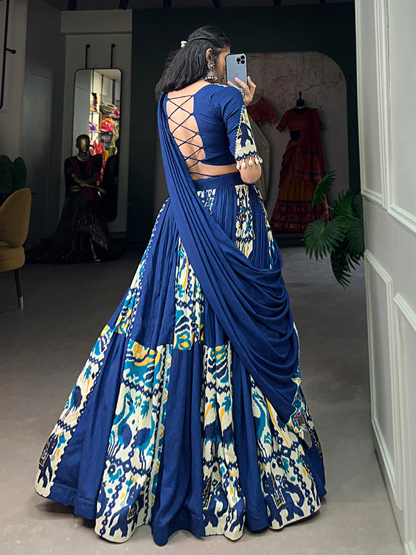 Blue Printed Silk Rayon Lehenga Choli With Dupatta