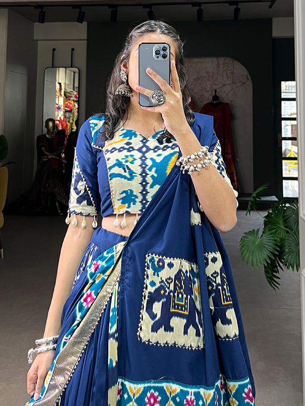 Blue Printed Silk Rayon Lehenga Choli With Dupatta