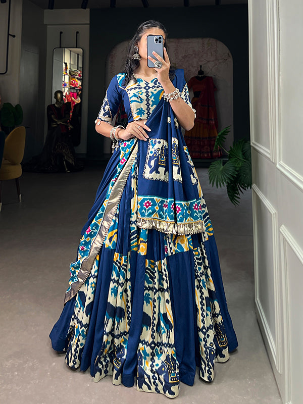 Blue Printed Silk Rayon Lehenga Choli With Dupatta
