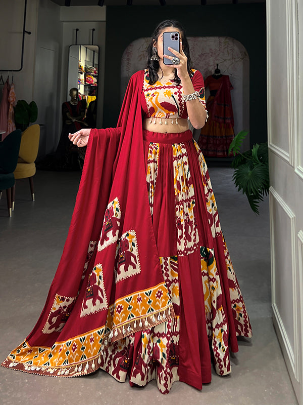 Red Printed Silk Rayon Lehenga Choli With Dupatta