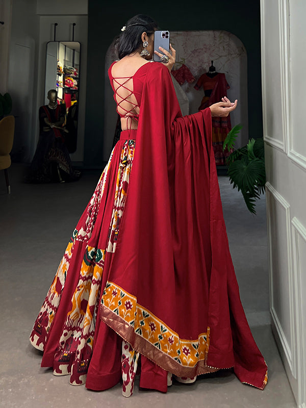 Red Printed Silk Rayon Lehenga Choli With Dupatta