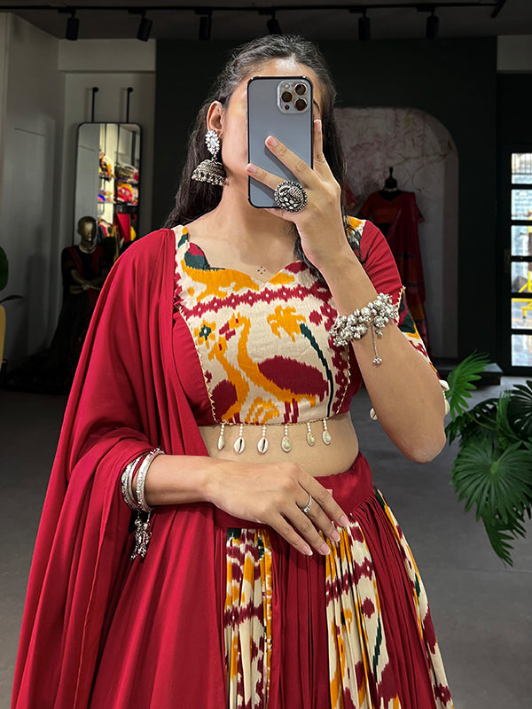 Red Printed Silk Rayon Lehenga Choli With Dupatta