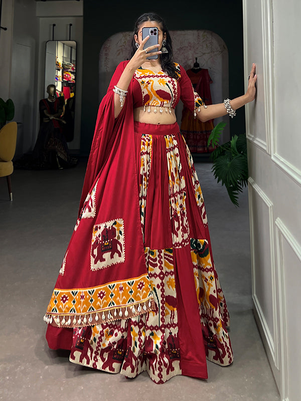 Red Printed Silk Rayon Lehenga Choli With Dupatta