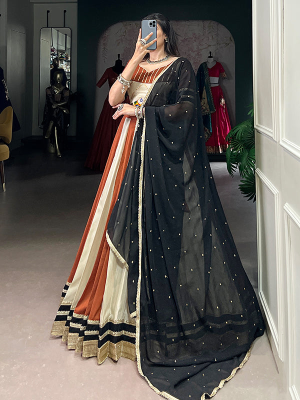Off-White Mirror Gamthi Work Chinon Lehenga Choli With Dupatta