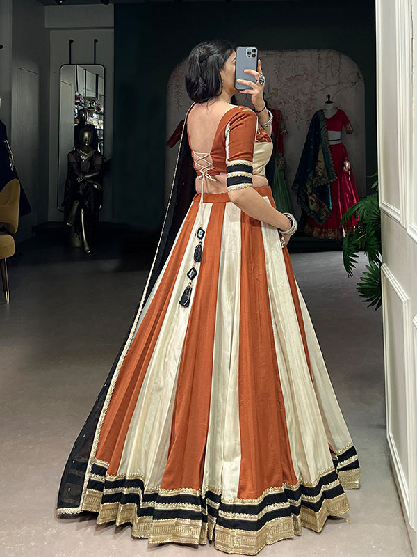 Off-White Mirror Gamthi Work Chinon Lehenga Choli With Dupatta
