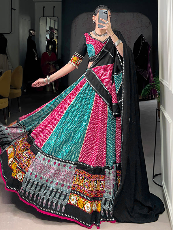 Pink Bandhej Print Pure Rayon Lehenga Choli With Dupatta