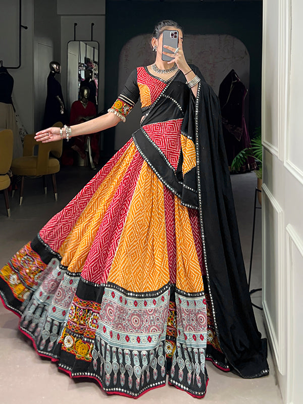 Yellow Bandhej Print Pure Rayon Lehenga Choli With Dupatta