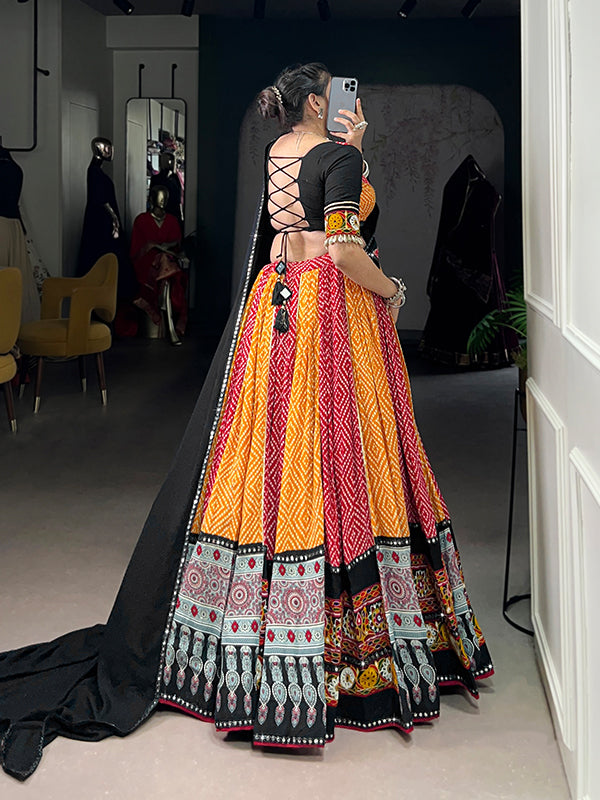 Yellow Bandhej Print Pure Rayon Lehenga Choli With Dupatta