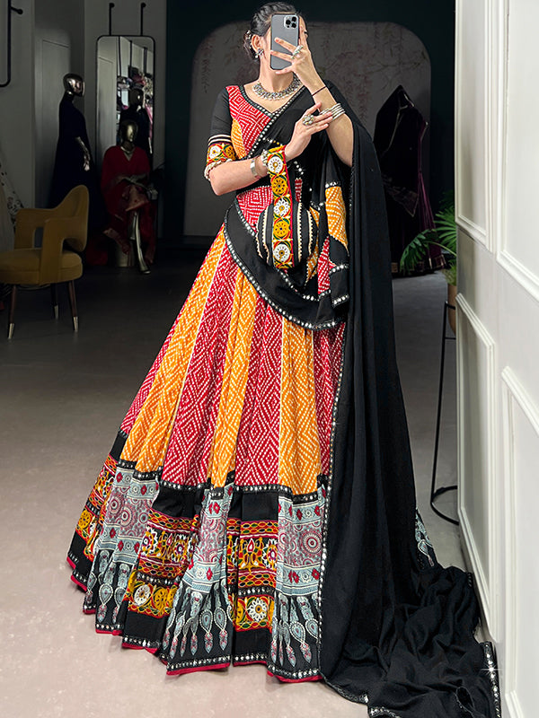 Yellow Bandhej Print Pure Rayon Lehenga Choli With Dupatta