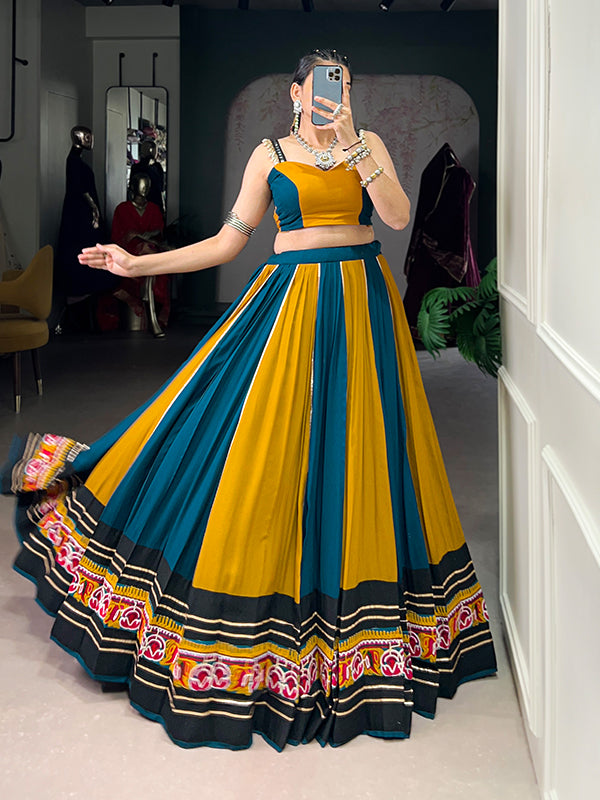 Mustard Yellow Gamthi Work Pure Rayon Lehenga Choli