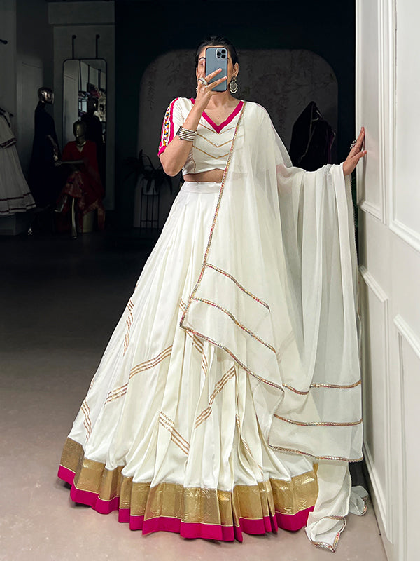 White Embossed Design Pure Rayon Lehenga Choli With Dupatta