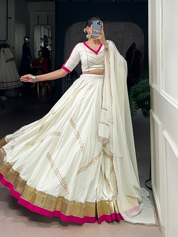 White Embossed Design Pure Rayon Lehenga Choli With Dupatta