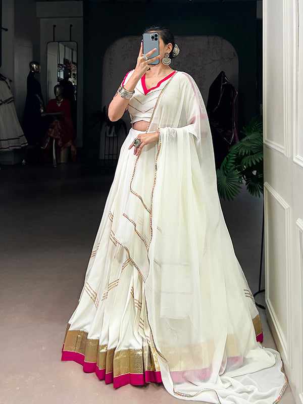 White Embossed Design Pure Rayon Lehenga Choli With Dupatta