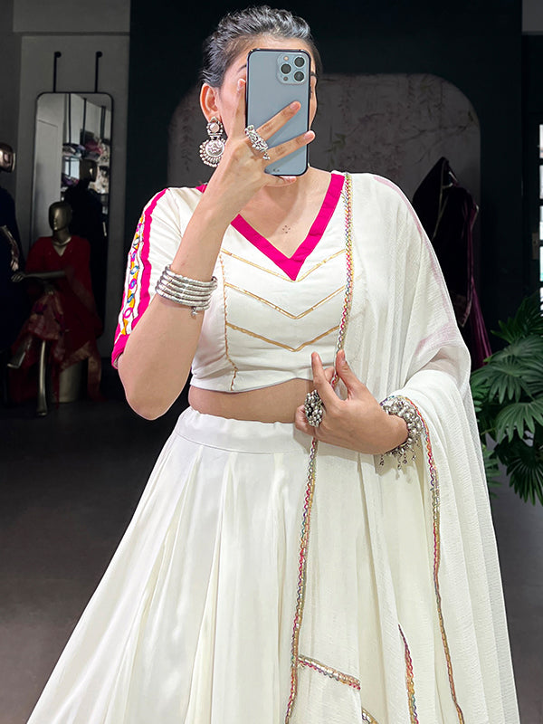 White Embossed Design Pure Rayon Lehenga Choli With Dupatta