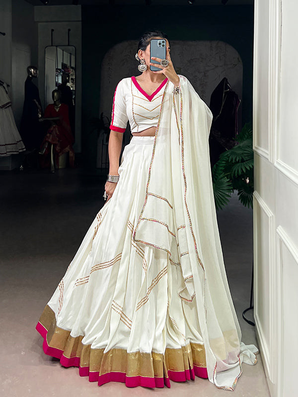White Embossed Design Pure Rayon Lehenga Choli With Dupatta