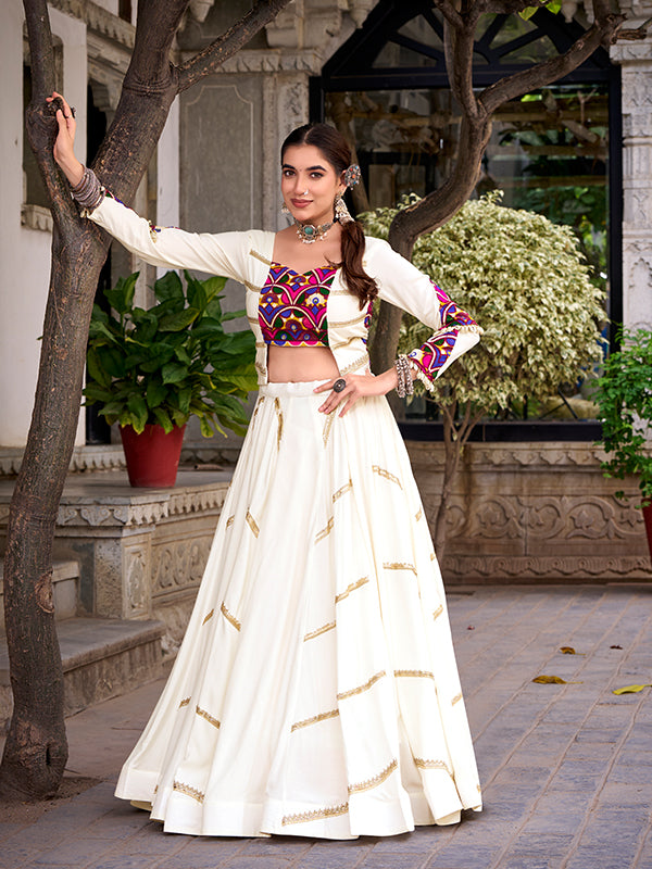White Mirror Gamthi Work Top With Sequins Lace Touch Up Pure Rayon Lehenga