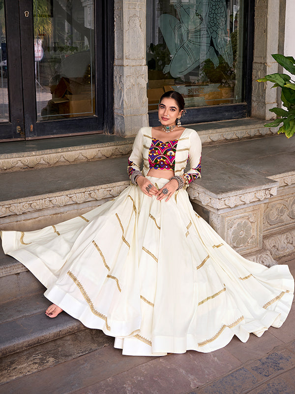 White Mirror Gamthi Work Top With Sequins Lace Touch Up Pure Rayon Lehenga