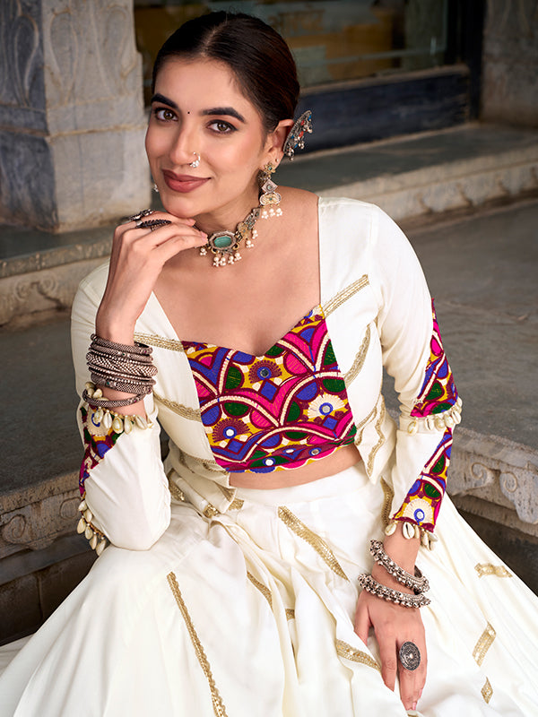 White Mirror Gamthi Work Top With Sequins Lace Touch Up Pure Rayon Lehenga
