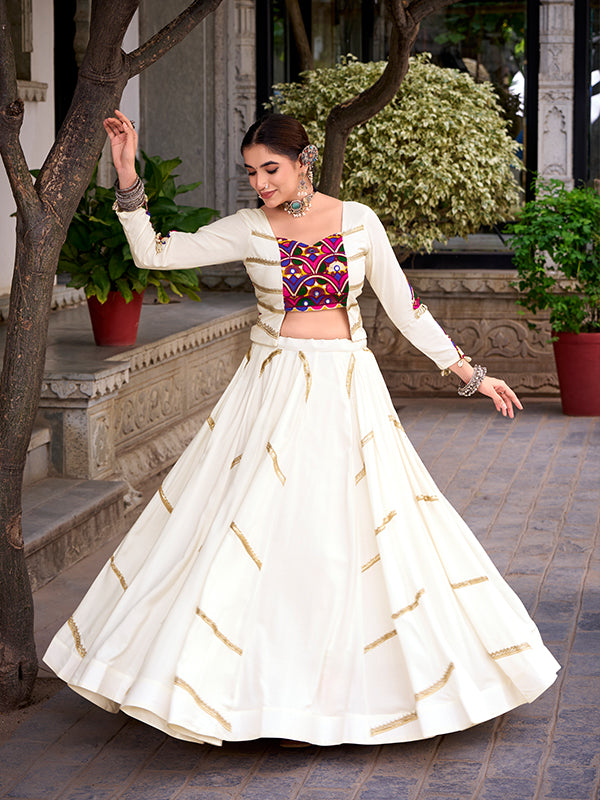 White Mirror Gamthi Work Top With Sequins Lace Touch Up Pure Rayon Lehenga