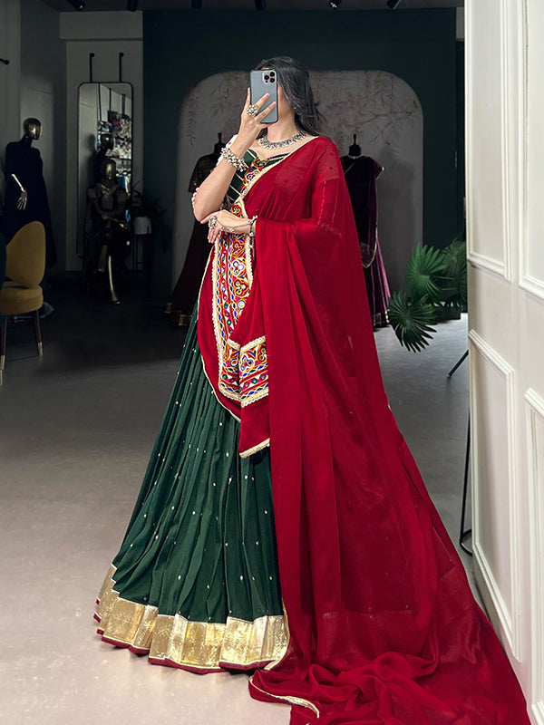 Dark Green Sequins Embroidery Work Chiffon Lehenga Choli With Dupatta