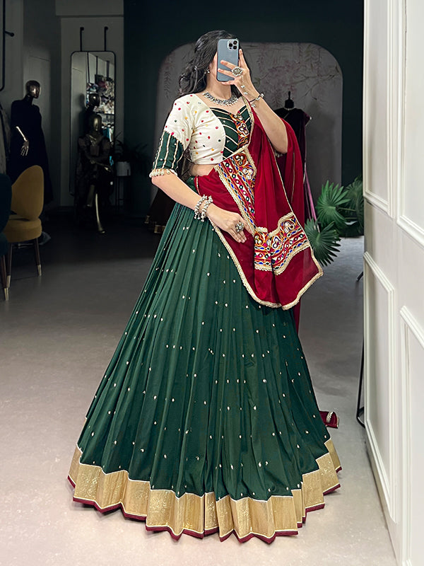 Dark Green Sequins Embroidery Work Chiffon Lehenga Choli With Dupatta