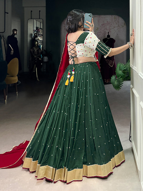 Dark Green Sequins Embroidery Work Chiffon Lehenga Choli With Dupatta