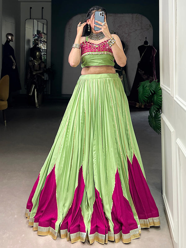 Pista Green Rayon Gotta Patti Lace Work Lehenga Choli