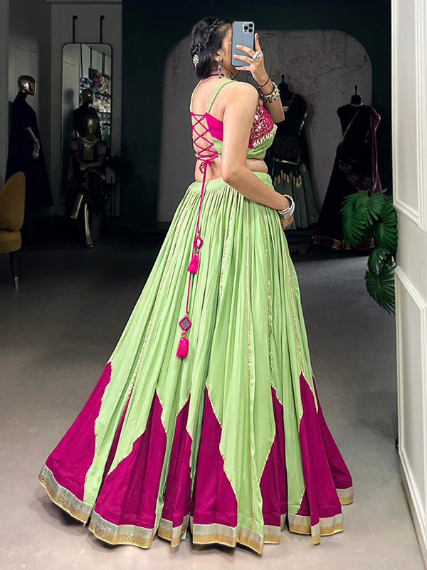 Pista Green Rayon Gotta Patti Lace Work Lehenga Choli