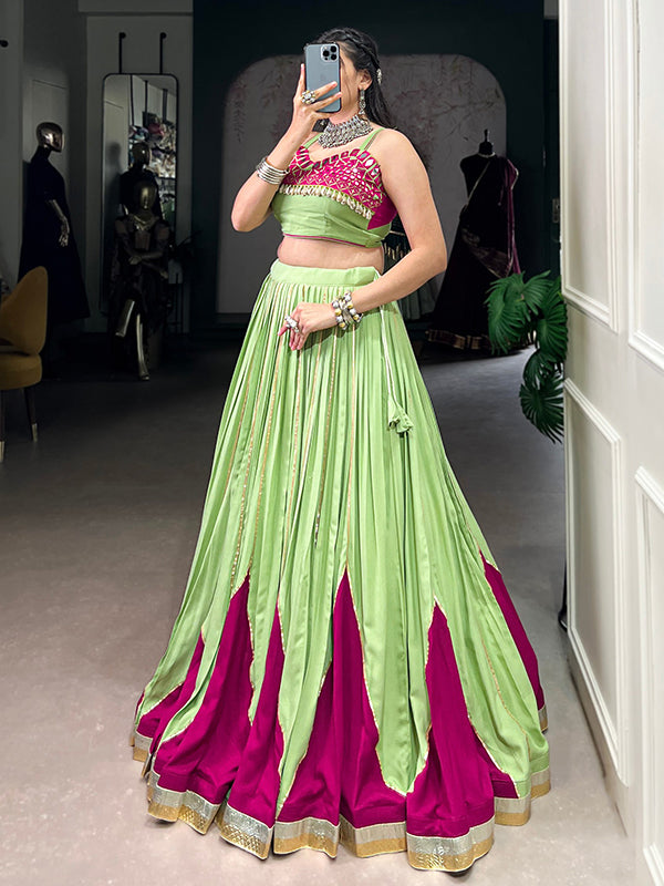 Pista Green Rayon Gotta Patti Lace Work Lehenga Choli