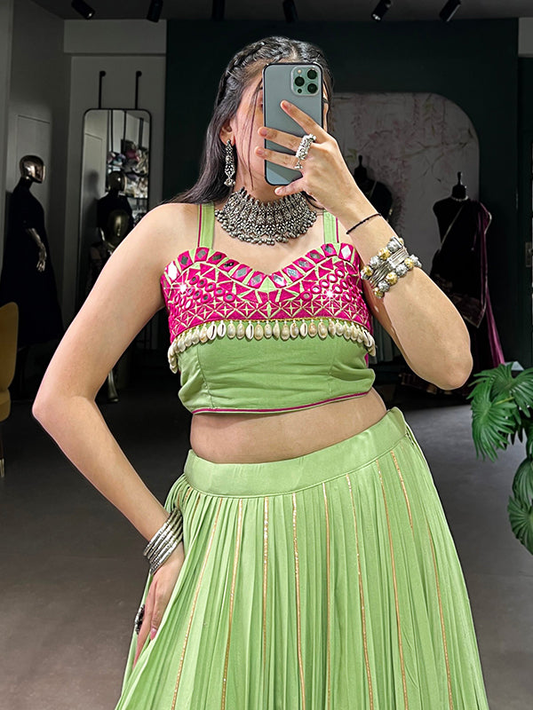 Pista Green Rayon Gotta Patti Lace Work Lehenga Choli