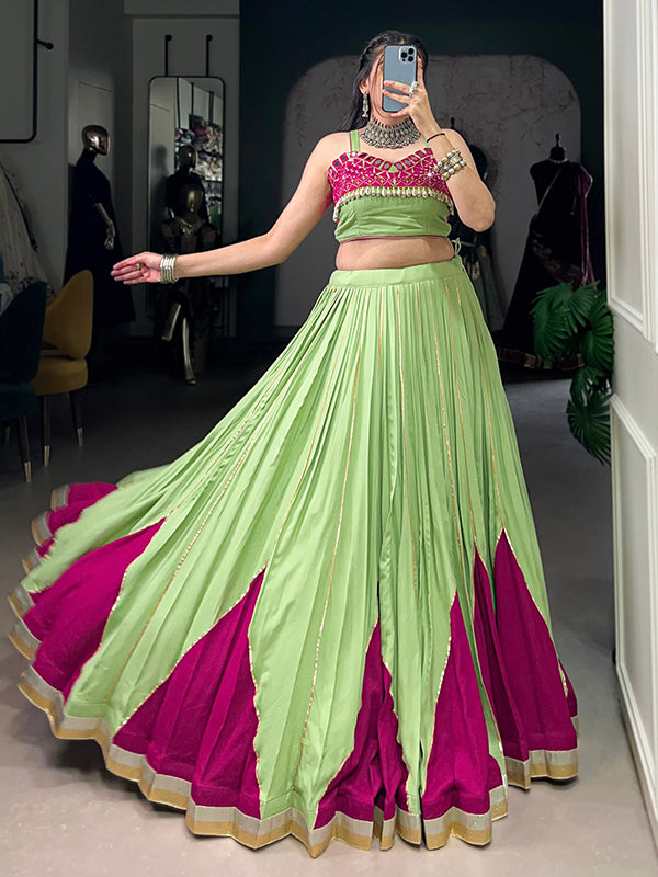 Pista Green Rayon Gotta Patti Lace Work Lehenga Choli