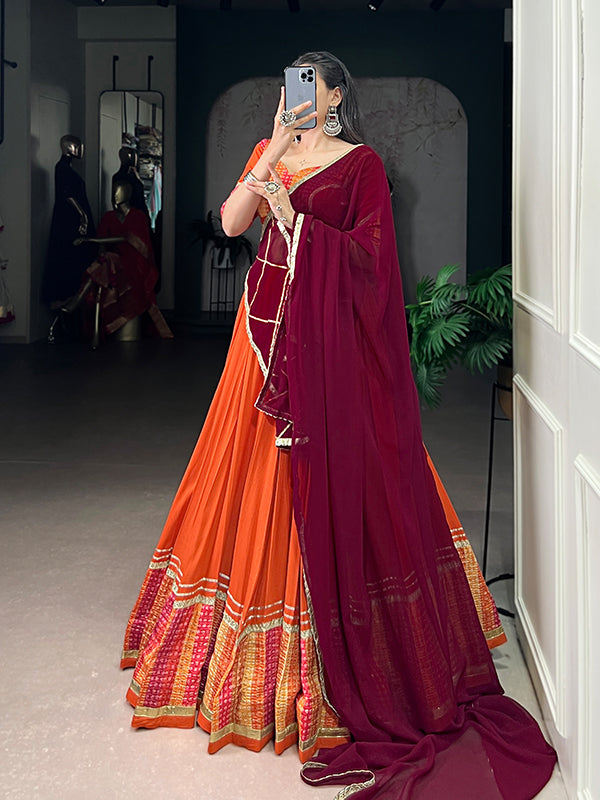 Orange Bandhej Print Pure Rayon Lehenga Choli With Maroon Dupatta