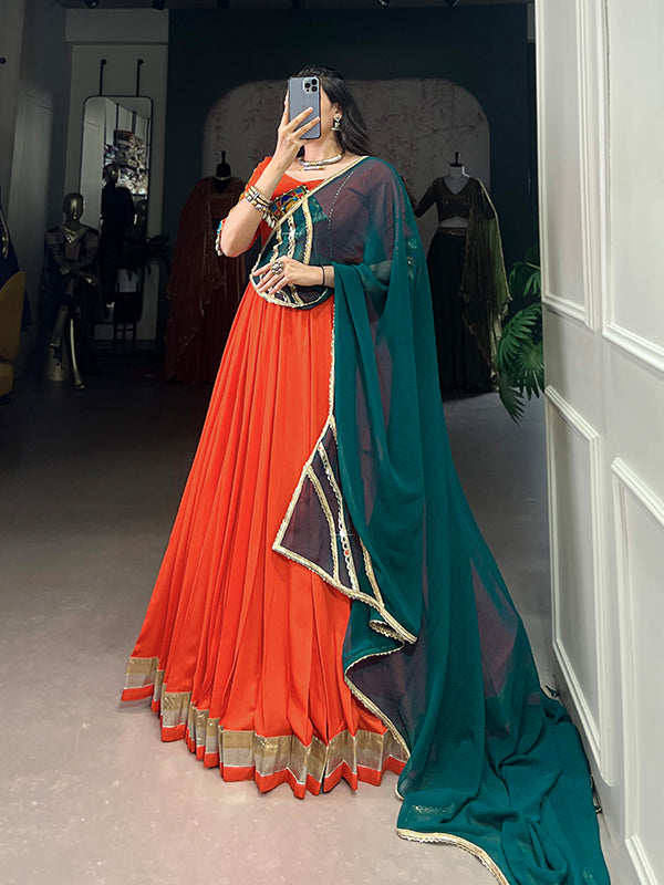Orange Pure Rayon Gamthi Work Lehenga Choli With Dupatta