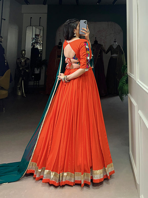 Orange Pure Rayon Gamthi Work Lehenga Choli With Dupatta