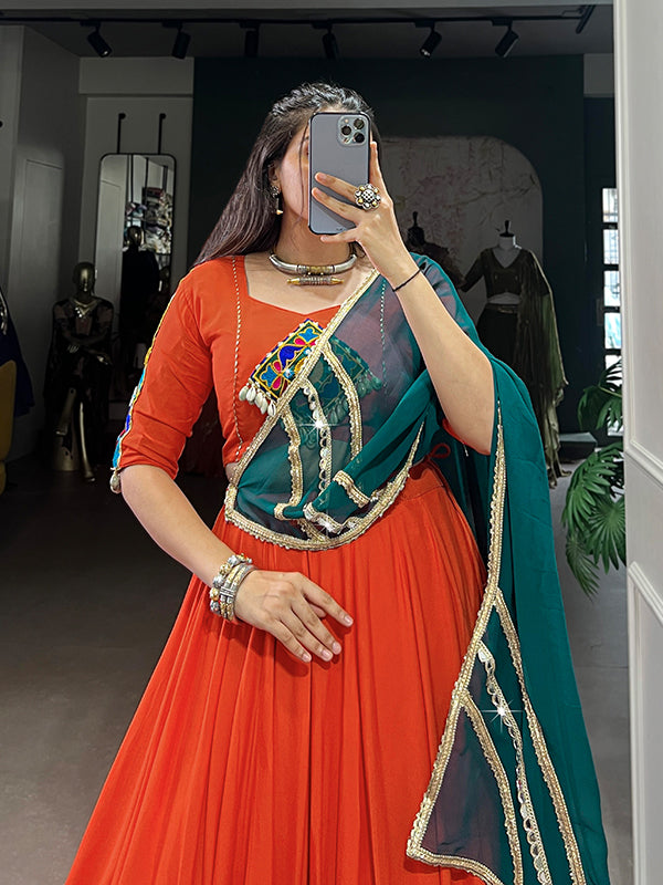 Orange Pure Rayon Gamthi Work Lehenga Choli With Dupatta