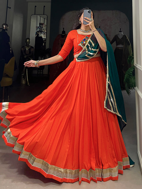 Orange Pure Rayon Gamthi Work Lehenga Choli With Dupatta