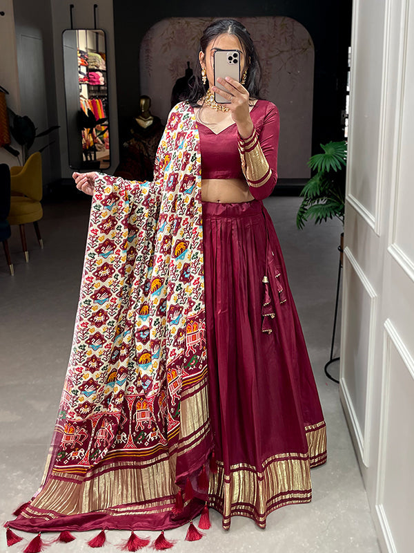 Maroon Gaji Silk With Lagdi Patta Lehenga Choli With Dupatta