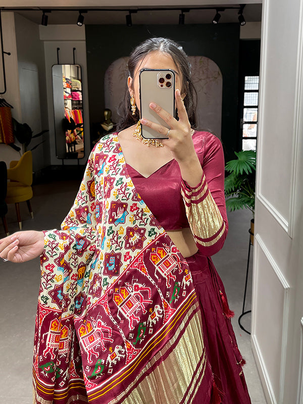 Maroon Gaji Silk With Lagdi Patta Lehenga Choli With Dupatta