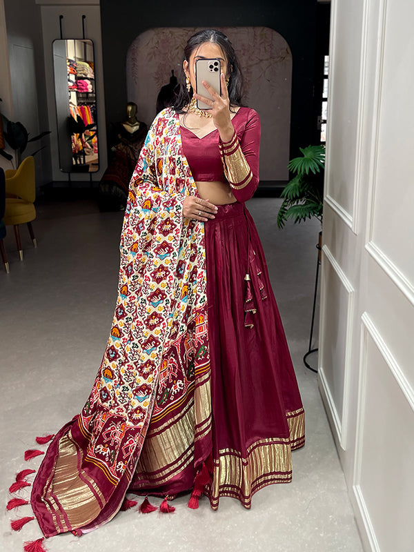 Maroon Gaji Silk With Lagdi Patta Lehenga Choli With Dupatta