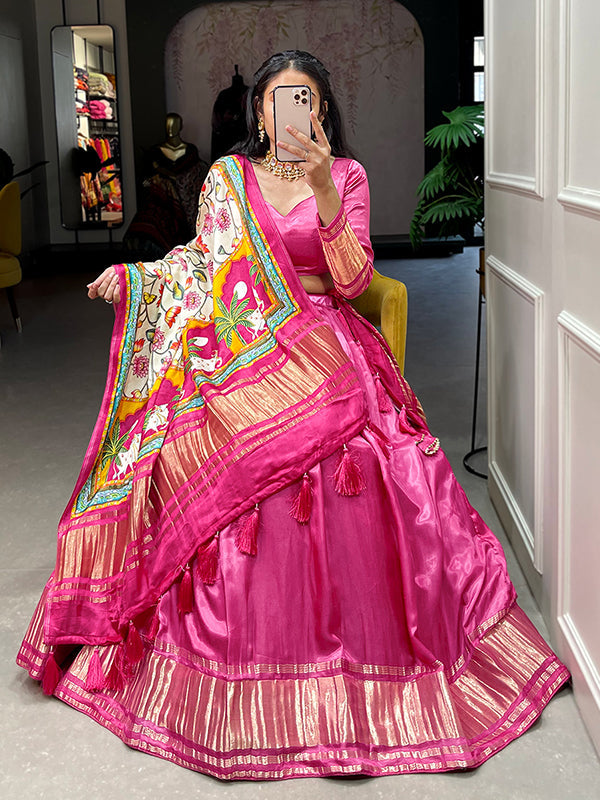 Pink Gaji Silk With Lagdi Patta Lehenga Choli With Dupatta