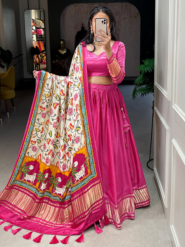 Pink Gaji Silk With Lagdi Patta Lehenga Choli With Dupatta