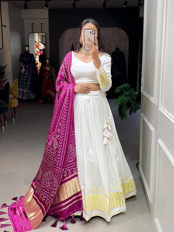 White Gaji Silk With Lagdi Patta Lehenga Choli With Dupatta