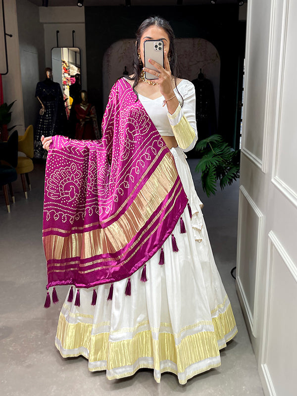 White Gaji Silk With Lagdi Patta Lehenga Choli With Dupatta