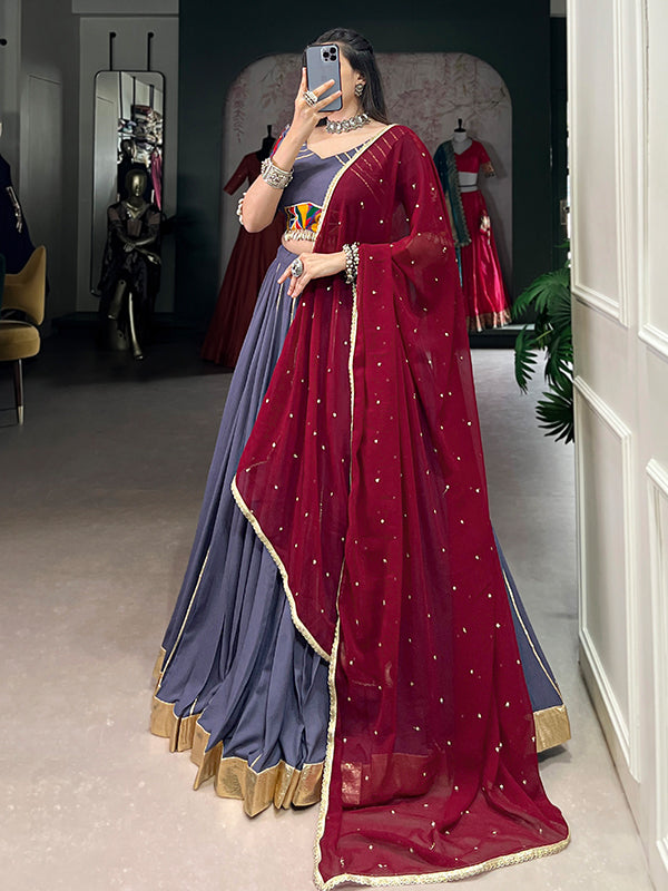 Light Purple Pure Rayon Gamthi Work Lehenga Choli With Georgette Dupatta