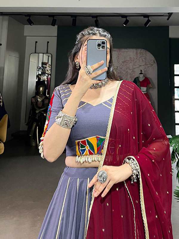 Light Purple Pure Rayon Gamthi Work Lehenga Choli With Georgette Dupatta