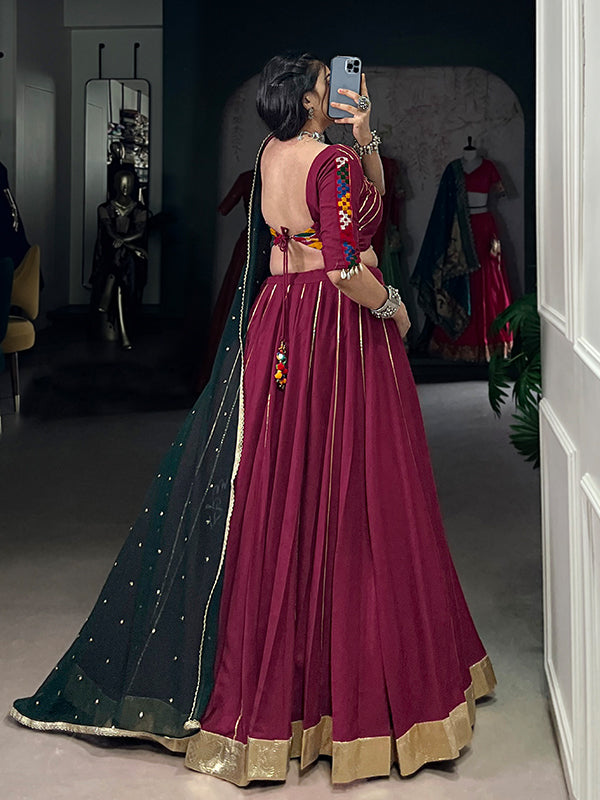 Maroon Pure Rayon Gamthi Work Lehenga Choli With Georgette Dupatta