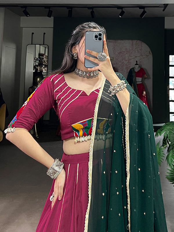 Maroon Pure Rayon Gamthi Work Lehenga Choli With Georgette Dupatta