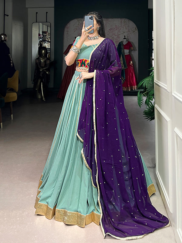 Sea Green Pure Rayon Gamthi Work Lehenga Choli With Georgette Dupatta