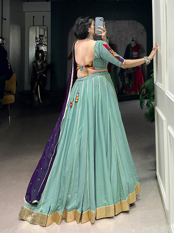 Sea Green Pure Rayon Gamthi Work Lehenga Choli With Georgette Dupatta