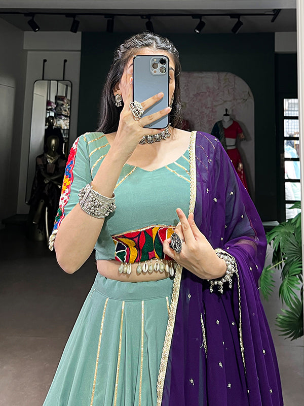 Sea Green Pure Rayon Gamthi Work Lehenga Choli With Georgette Dupatta